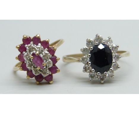 A 9ct gold ring set with a central sapphire and white stone halo, 2.6g, Q/R, and another 9ct gold ring set with rubies and di