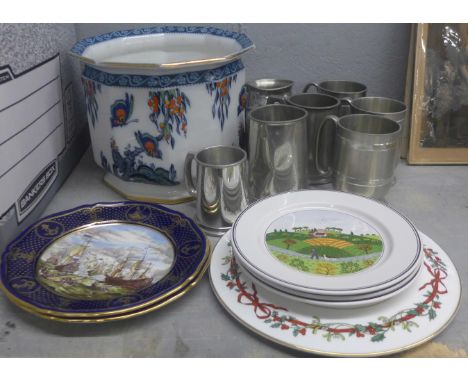 A large Losol ware Art Nouveau jardiniere, four boxed plates and a collection of pewter mugs **PLEASE NOTE THIS LOT IS NOT EL