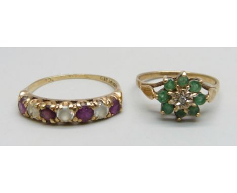 A 9ct gold ring set with rubies and white stones, stones a/f, 1.8g, R, and a 9ct gold ring set with emeralds and small centra