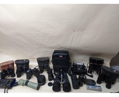 A selection of glass binoculars and field glasses, camera lens, and other items to include a Visionary HD 20x80 binoculars, M