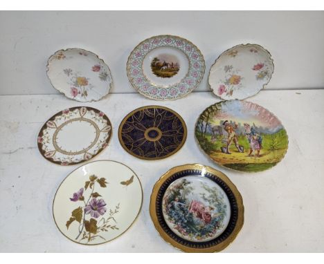 Mixed 19th century and later plates to include a Dresden painted example with a reticulated border, Royal Worcester and other