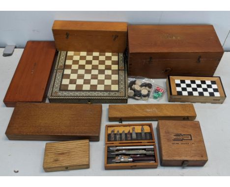 Mixed boxes to include a parquetry inlaid Middle Eastern chess/backgammon board with contentsLocation: 