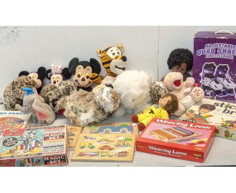 A mixed lot of mostly vintage teddy bears to include Mickey Mouse and Tigger together with Fischer Price puzzles, a magic set