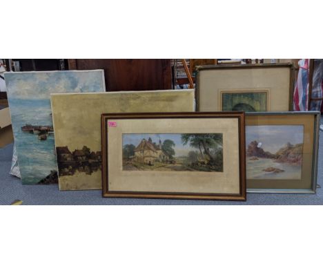 Five paintings to include a harbour scene signed Wheeler, oil on canvas, and a seascape signed J Curen, and others Location: 