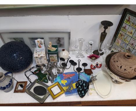 Ceramics glassware coins and collectables to include a lamp a candelabra, flatware, Beatrix Potter figures, a child's chair a