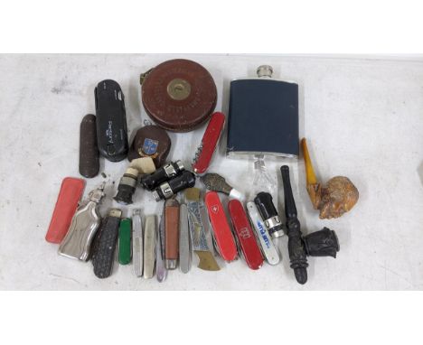 A mixed lot to include pen knives, two pipes, hip flask and other itemsLocation; 