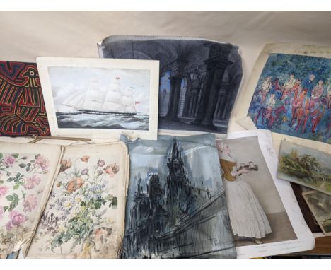Pictures to include still lifes, a portrait, a ship, a map of England and other prints along with pastels and watercoloursLoc