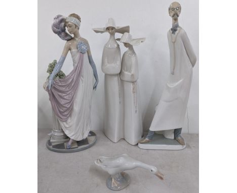 Four Lladro porcelain ornaments to include a Doctor, Art Deco lady, two nuns and a gooseLocation: 