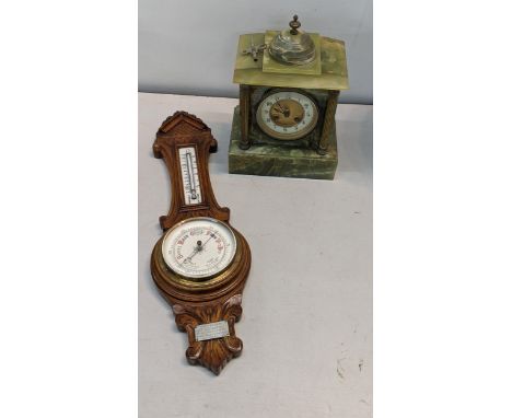A Green onyx marble mantle clock together with a barometerLocation: 