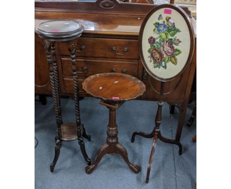 A reproduction bird cage table, together with a barley twist torchere stand, and an early 20th century fire screen Location: 