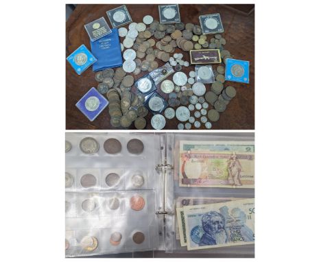 A mixed collection of coins and banknotes to include 1921 'Morgan Dollar', Maria Theresa Thaler, Victorian and later threepen