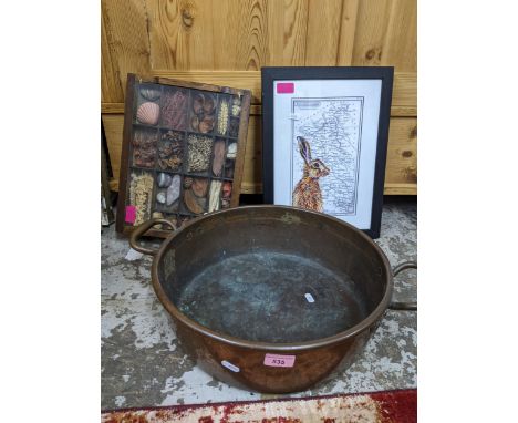 A miscellaneous lot to include a twin handled copper preserve pan, a small wall hanging print tray containing various dried f