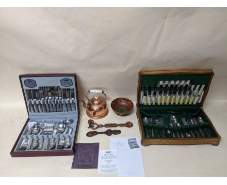 A Viner's 44-piece canteen of cutlery. and oak cased canteen of silver plated cutlery, two Welsh love spoons, copper kettle a