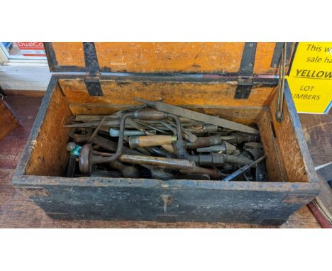 A collection of wood working tools contained in a twin handled chestLocation: 