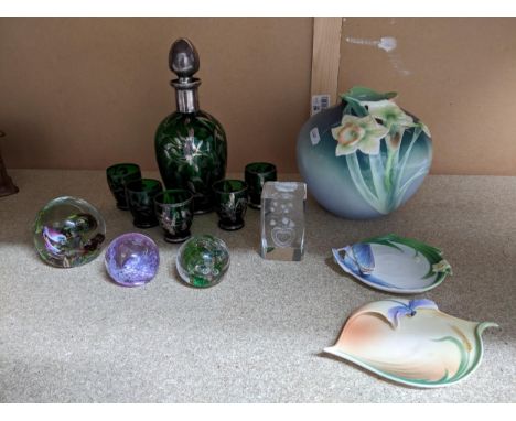 A selection of glass and china to include a Franz porcelain vase and two pin dishes, Venetian green glass liqueur decanter se