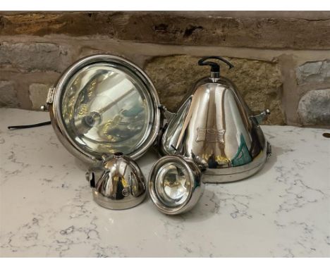 Polished nickel-plated bell-shaped bodies in good condition, each with 11" clear bevelled lenses, with bulb holders and bayon