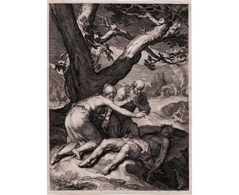 Jan Saenredam (1565-1607) - Adam and Eve mourn over Abel  From the Series: The story of Adam and Eve : The elderly Adam and E