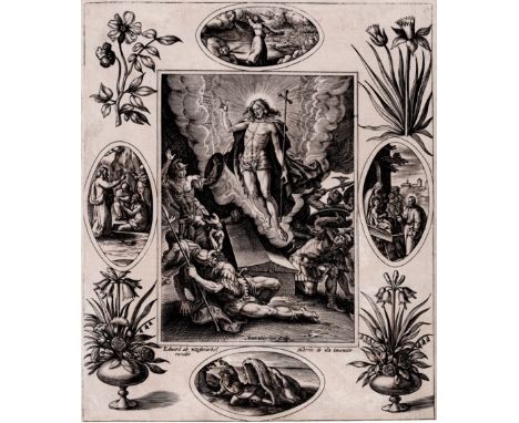 Anthonie Wierix, Maerten de Vos - The Resurrection, first state  /  Description:  Passion of Christ: The Resurrection; Christ