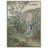 Louis Buisseret: Aquarelle, "Orientale" Woman with a rose walking.