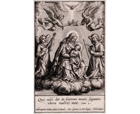 Hieronymus Wierix - Crowned Virgin with Angel Music  /  Description:  The Virgin on the clouds crowned by two angels, flanked