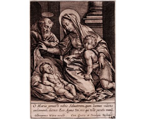 Hieronymus Wierix (1553-1619) - The Sleep of Jesus  /  Description:  Holy Family with the sleeping Christ Child Mary lifts th