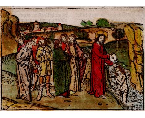 Master of Haarlem (1483-1486 Fl.) - Christ baptizes in the Jordan  /  Description:  Christ baptizing in the Jordan. How Jesus