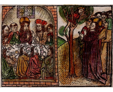 Master of Antwerp (1485-1491) - The calling of Zacchaeus  /  Description:  Woodcut with two scenes: The last supper and The c