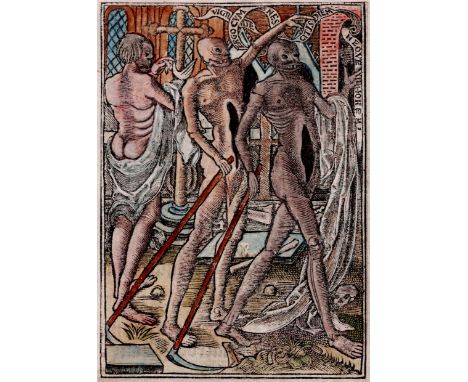 French book of hours - The three dead - 1499  /  Description:  Famous woodcut of the three dead in various stages of various 