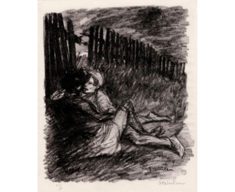 Théophile Alexandre Steinlen (1859-1923) - Lovers in Montmartre  /  Description:  On the heights of Montmartre, lovers meet b