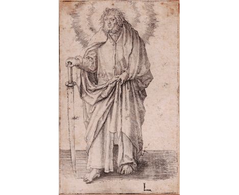 Lucas Van Leyden - Saint Simon - 1510  /  Description:  St Simon; with a book in his left hand tucked into his cloak and a sa