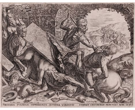 Frans Floris, Cornelis Cort - Hercules fights the centaurs  /  Description:  Hercules Prevents the Centaurs from abducting Hi