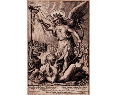 Hieronymus Wierix (1553-1619) - Divine Love  /  Description:  A winged putto with a halo inscribed 'DIVINUS AMOR'  trampling 