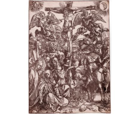 Albrecht Dürer (1471-1528), after - The Crucifixion  /  Description:  Christ is nailed on the cross, the blood is collected b