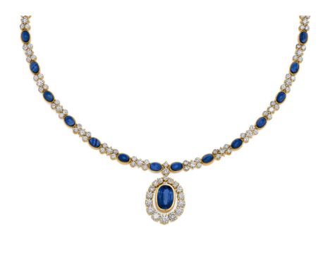 SAPHIR-DIAMANT COLLIER. Herkunft: Wohl Deutschland. Datierung: Um 1990. Material: 750/- Gelbgold, getestet. Gesamtgewicht: ca