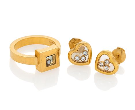 CHOPARDHappy Diamonds.  Diamant-Set: Ring und Ohrstecker. Herkunft: Frankreich. Material: 750/- Gelbgold, Punze. Gesamtgewich