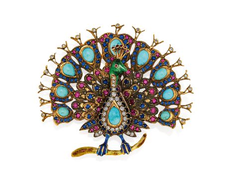 PFAUEN-BROSCHE. Material: 750/- Gelbgold und Silber, getestet, grün, gelb und blaues transluzides Email. Gesamtgewicht: ca. 3