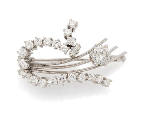 DIAMANT-BROSCHE. Herkunft: Deutschland. Datierung: Um 1990. Material: 585/- Weißgold, getestet. Gesamtgewicht: ca. 9,0 g. Maß