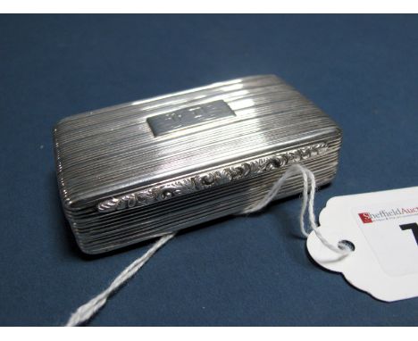 A Hallmarked Silver Snuff Box, Francis Clark, Birmingham 1835, of rectangular form, allover reeded decoration, with scroll ca