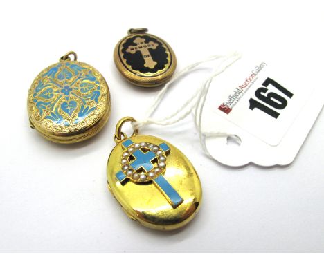 A Pearl Set Oval Locket Pendant, detailed with a cross in turquoise enamel; An Oval Locket Pendant, highlighted in turquoise 