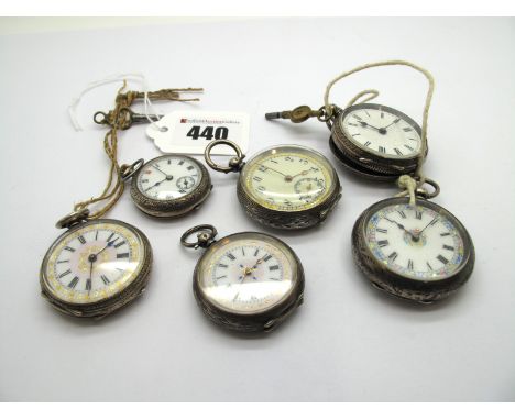 Six Assorted Ladies Fob Watches, including hallmarked silver, "0,935", "Fine Silver", etc, all within engine turned/engraved 