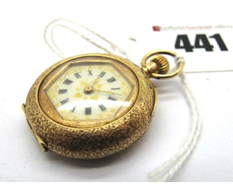 A Decorative Ladies Fob Watch, the gilt highlighted dial with black Roman numerals, within allover engraved case, highlighted