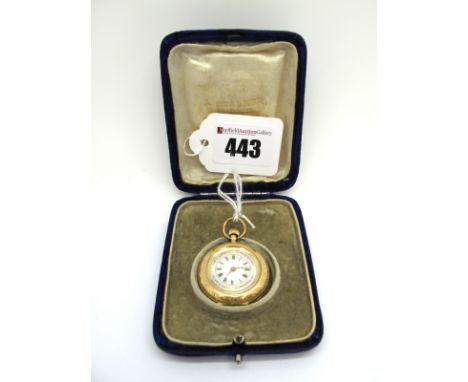 A Decorative Ladies Fob Watch, the gilt highlighted white enamel dial with black Roman numerals, within allover engine turned