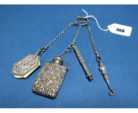 A Three Chain Chatelaine, the hallmarked silver openwork lyre style brooch (Cornelius Desormeaux Saunders &amp; James Francis