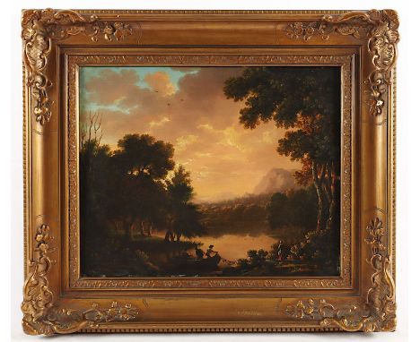 Maler wohl 19.Jh., "Landschaft mit Figuren", Öl/Kupfer, 32 x 41, besch., unten links unleserlich signiert, R. 