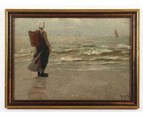 Petersen-Angeln, Heinrich (1850-1906), "Junge Fischersfrau am Strand", Öl/Platte, 30 x 43, unten rechts monogrammiert, R. 