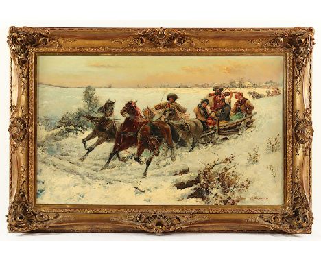 Stojanov, Piotr C. (1857-1957), "Winterliche Schlittenfahrt", Öl/Lwd., 50 x 80, doubliert, unten rechts signiert, R. 