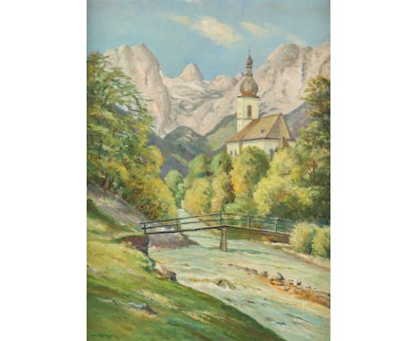 KOCH, Josef (1886-1966), "Blick auf die Ramsauer Pfarrkirche Sankt Sebastian mit Reiteralpe", Öl/Lwd., 70,5 x 50, unten links