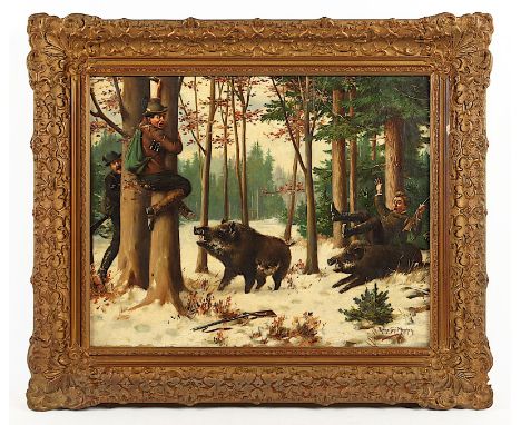 Ringeisen, Joseph (*1863), "Humoristische Jagdszene", Öl/Lwd., 40 x 52,5, unten rechts signiert, R. 