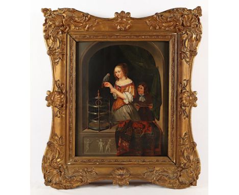 Netscher, Caspar (1639-1684), Kopie des 19.Jh. nach, "Dame mit Papagei", Öl/Holz, 46 x 35, besch., R. 