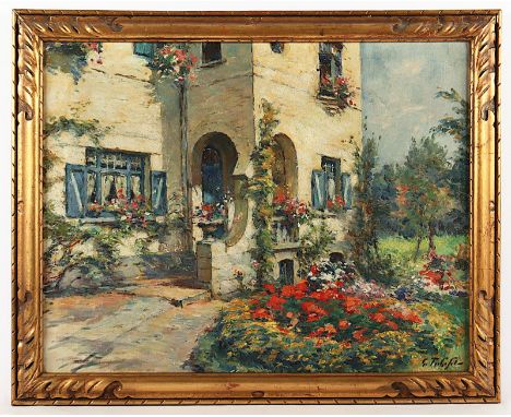 Maler A.20.Jh., "Hauseingang mit blühendem Garten", Öl/Lwd., 47 x 60, unten rechts unleserlich signiert, R. 